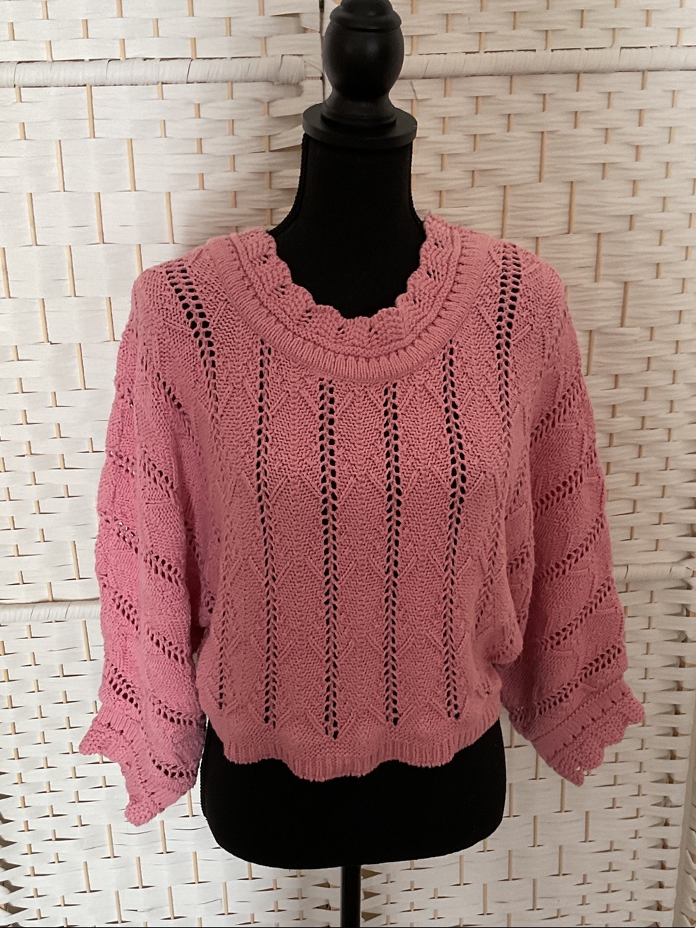 Sasson Jeans Scalloped Neck Pink Open-Knit Sweater